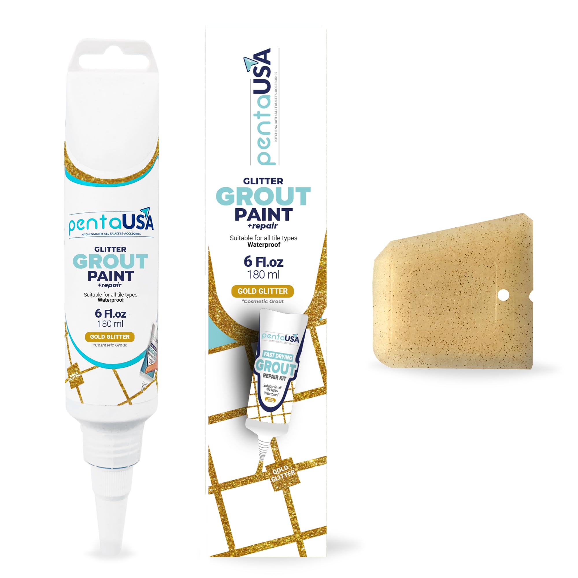 PentaUSA Grout - Gold Glitter Grout for Tiles, Ready Mixed Grout, Golden Colour, Shiny Grouting Set with Floater (180 ml)