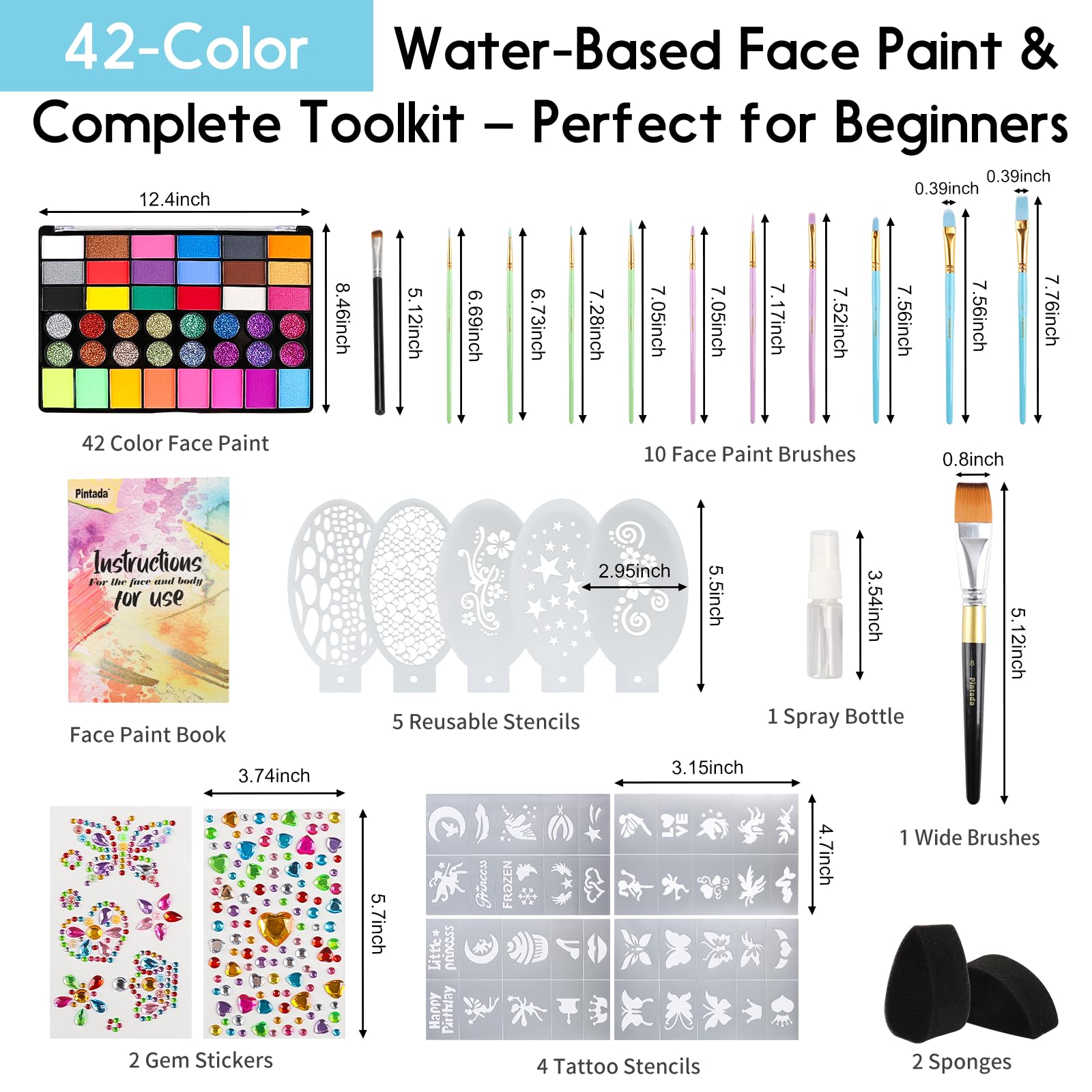 Pintada 42 Color Face Painting Kit for Kids - Non Toxic Water Activated Face Paint Palette With Stencils, Brush, Gems. For Carnival, Halloween, Costume Makeup and Any Creative Activity with Kids
