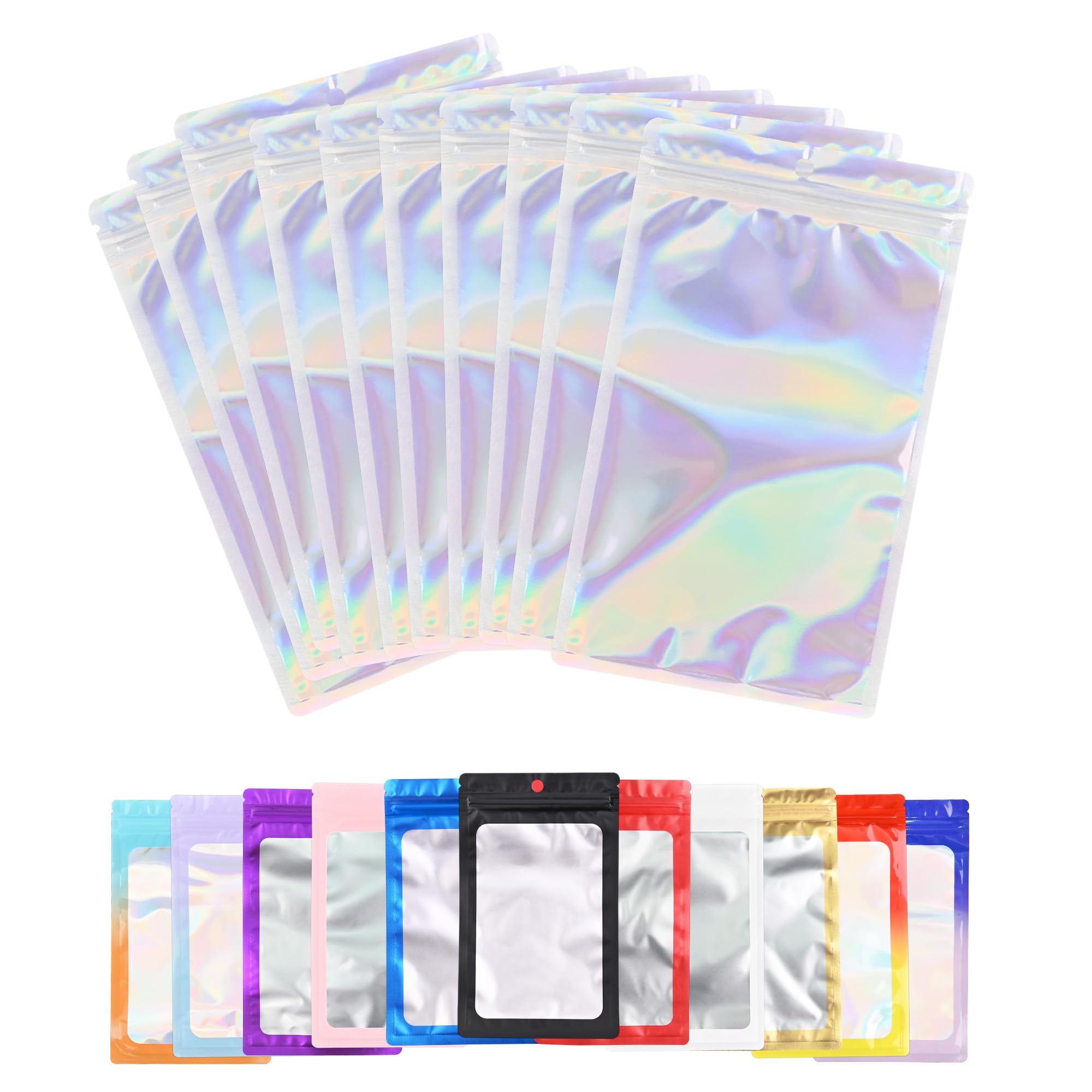 Photo 1 of 100 Pack Resealable Plastic Bags for Food Storage, Zipper Bags with Clear Front Window, Packaging Pouch for Small Business (Holographic, 3x8.8 inch)
