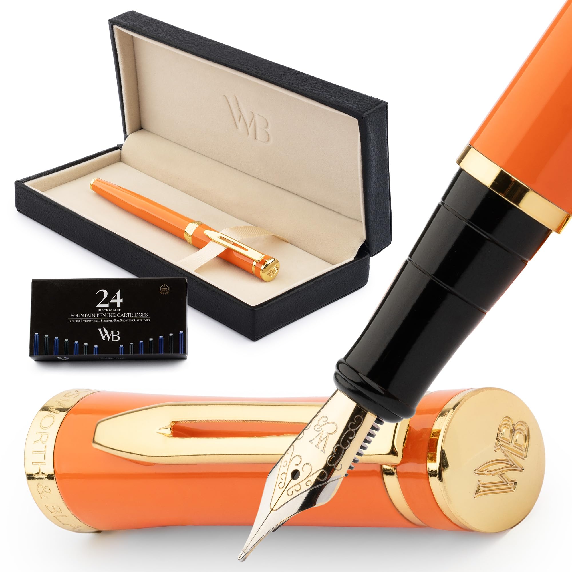 Wordsworth & Black Fountain Pen Set, 18K Gilded Medium Nib, Includes 24 Pack Ink Cartridges, Ink Refill Converter & Gift Box, Gold Finish, Calligraphy, [Orange], Perfect for Men & Women — image 1