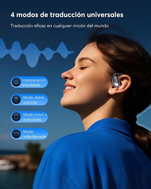AI Auriculares Traductor en Tiempo Real con Pantalla LCD, Traductor Instantáneo de Voz en 198 Idiomas, Diseño Abierto, Bluetooth 6.1, 60H de batería, Ideales para Viajes, reuniones y Aprendizaje,Negro — foto 6 de 8