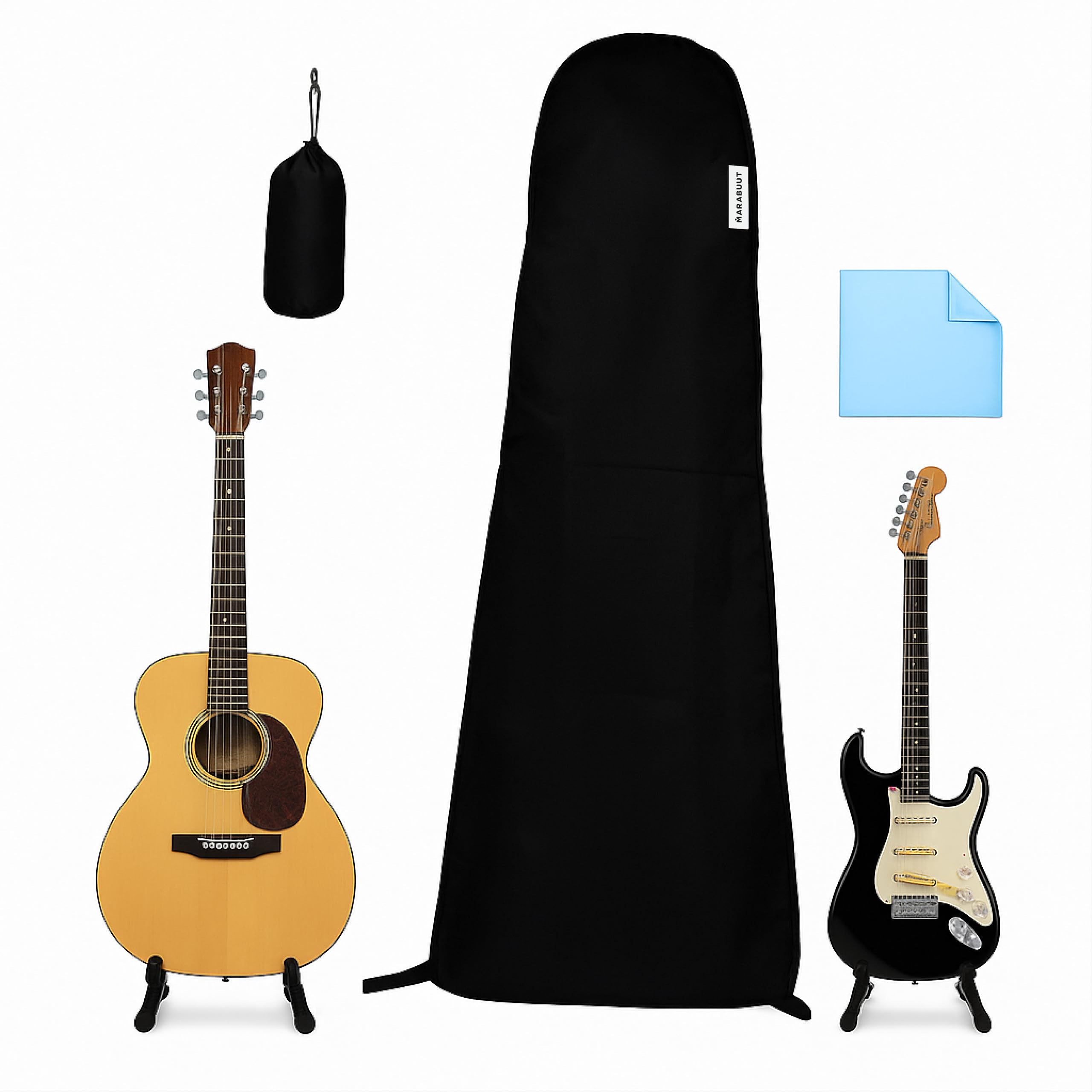 Dual-Sided Guitar Dust Cover (Black/Silver), Heavy-Duty Oxford 420D – Fits Acoustic/Electric Guitars & Basses on Stand – Shields from Dust, Pet Hair, Sun, Moisture – Includes Pouch & Microfiber Cloth
