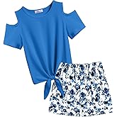 Arshiner Girls Short Sets 2 Pieces Outfits Short Sleeve Tie Knot T-Shirts and Casual Shorts With Pockets Cute Clothes Sets