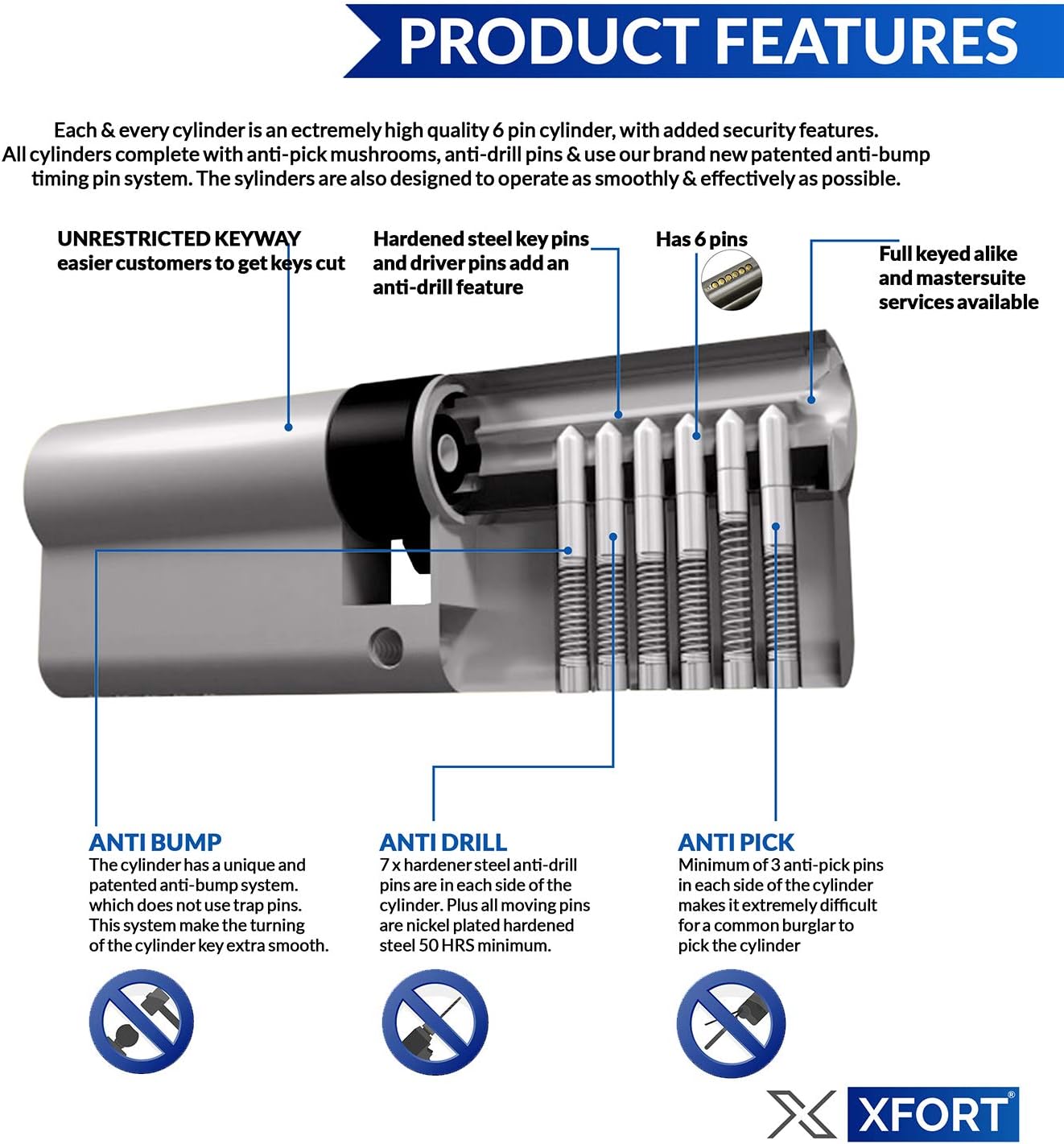 XFORT Chrome 40/60 Euro Cylinder Lock (100mm), UPVC Door Lock, 6 Pin Cylinder Lock with 3 Keys, PVC Door Lock - Image 4