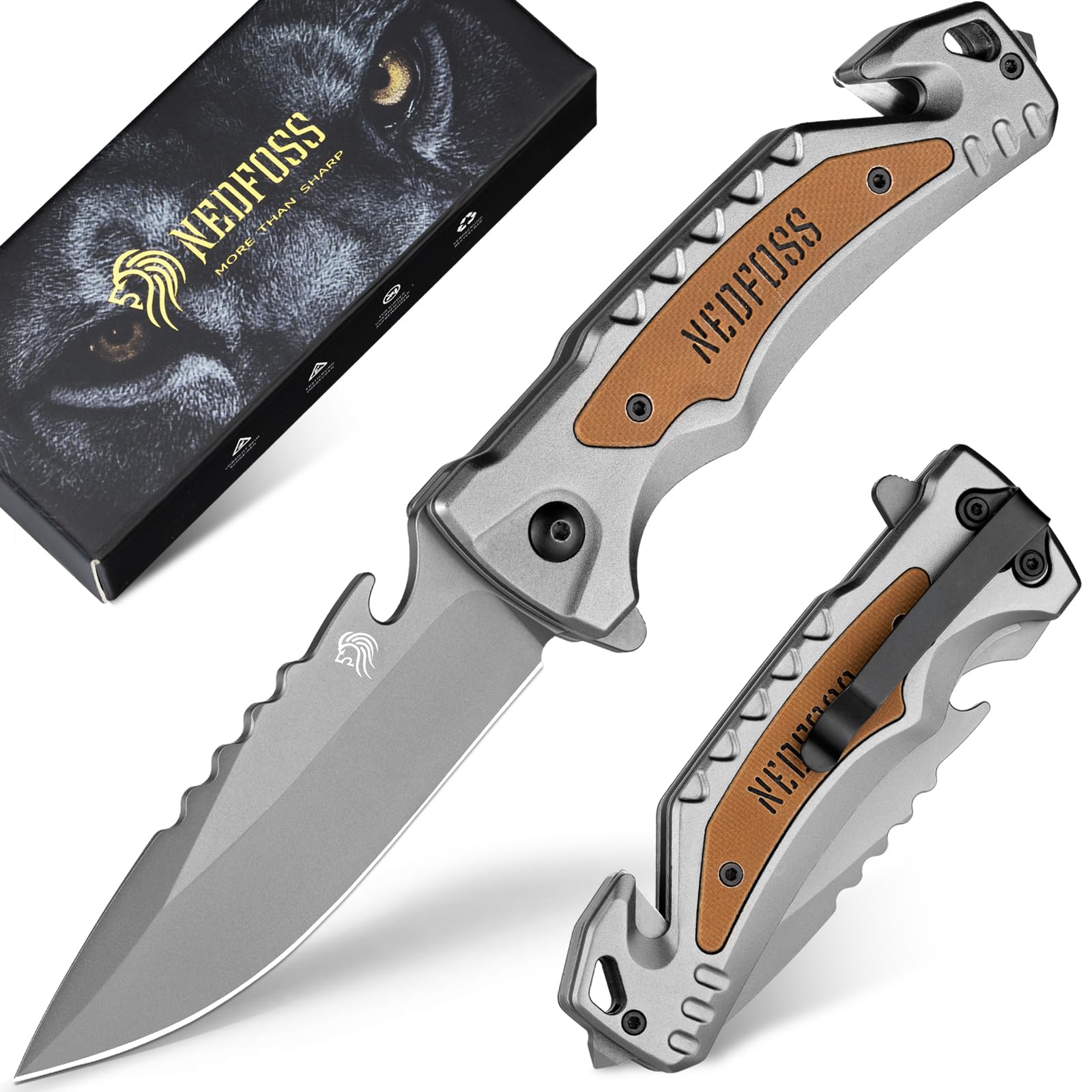 Photo 1 of NedFoss Pocket Folding Knife DA169, 4 in 1 Pocket Knife for Men, Survival Knife with Liner-Lock Belt Clip, Seat Belt Cutter, Glass Breaker,Bottle Opener, Hunting knife for Camping Hiking (Grey)