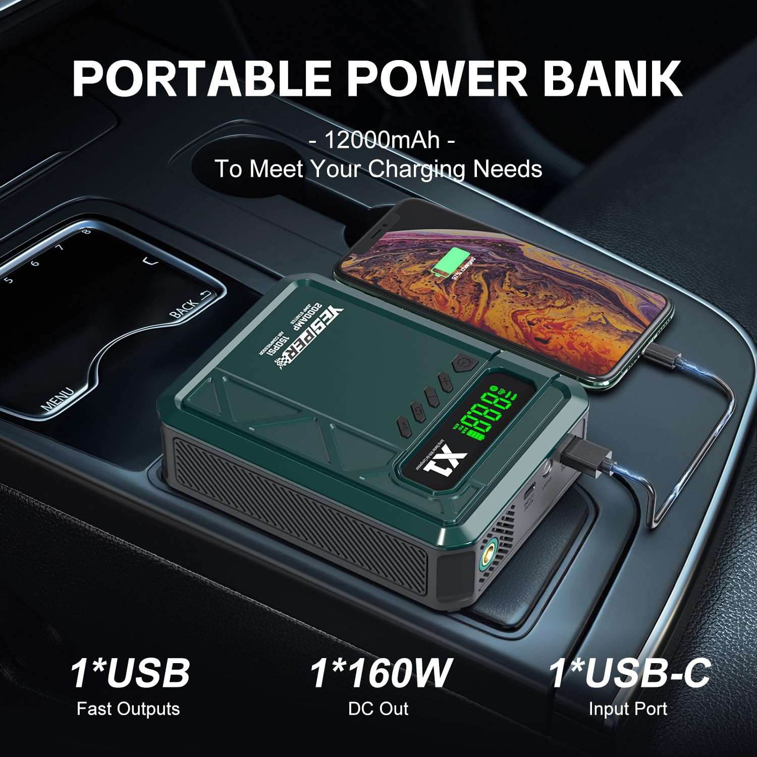 YESPER Jump Starter with Air Compressor 2000A 150PSI Battery Jumper Starter Portable(8L Gas/6L Diesel), 12V Car Jump Pack Battery Charger Jump Box with Jumper Cables, LCD Display, Lights