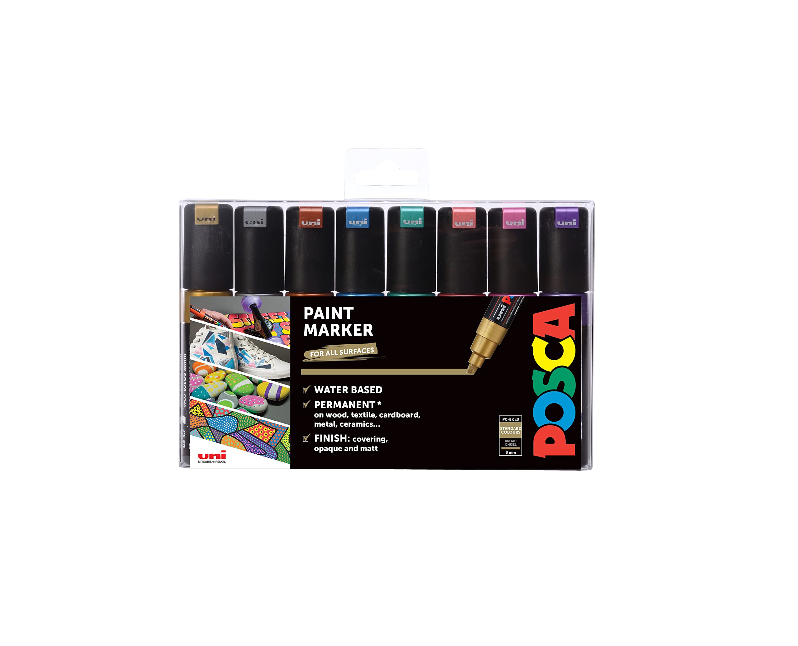 POSCA PC-8K Permanent Marker Paint Pens. Chisel Tip for Art & Crafts. Multi Surface Use On Wood Metal Paper Canvas Cardboard Glass Fabric Ceramic Rock Pebble Stone Porcelain. Set of 8 Metallic Colours