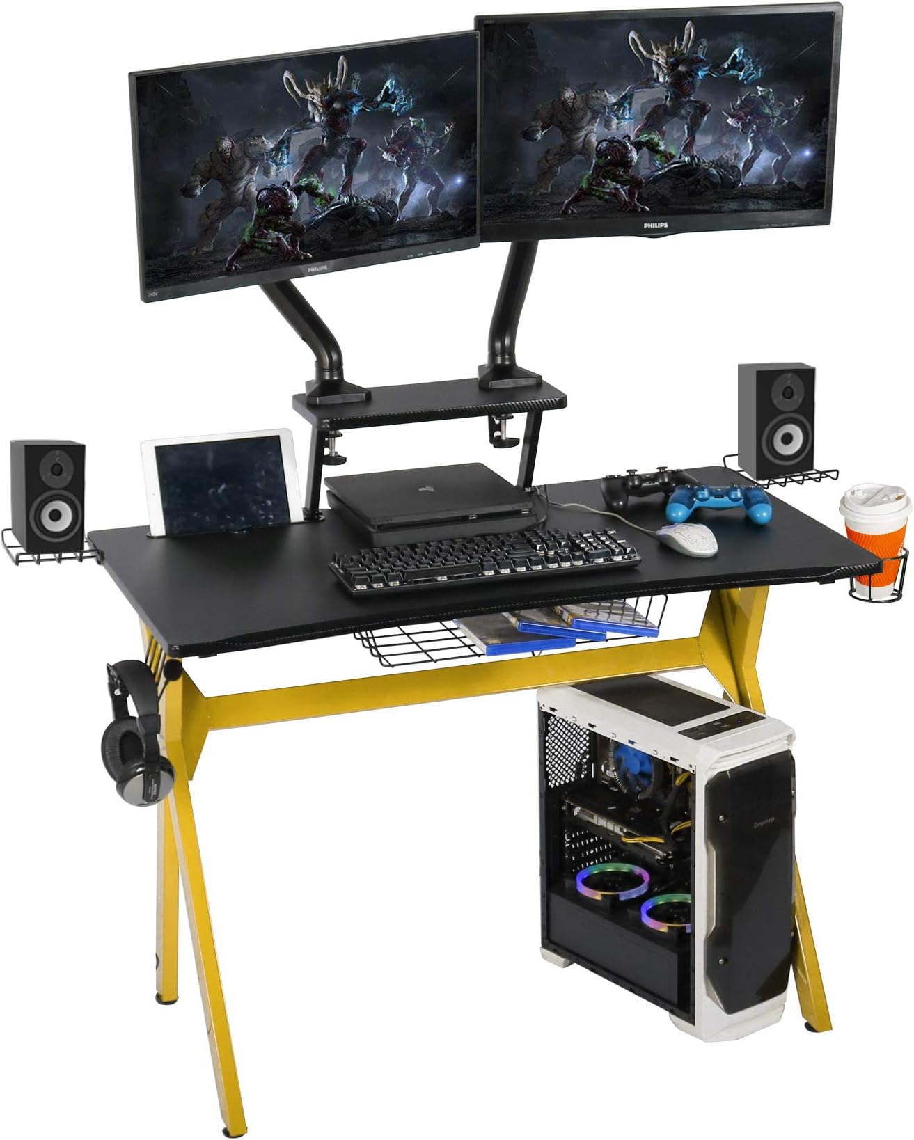 Gaming Desk Multi-Function Computer Gaming Table Racing Desk with Cup Holder and Headphone Hook for Home Office