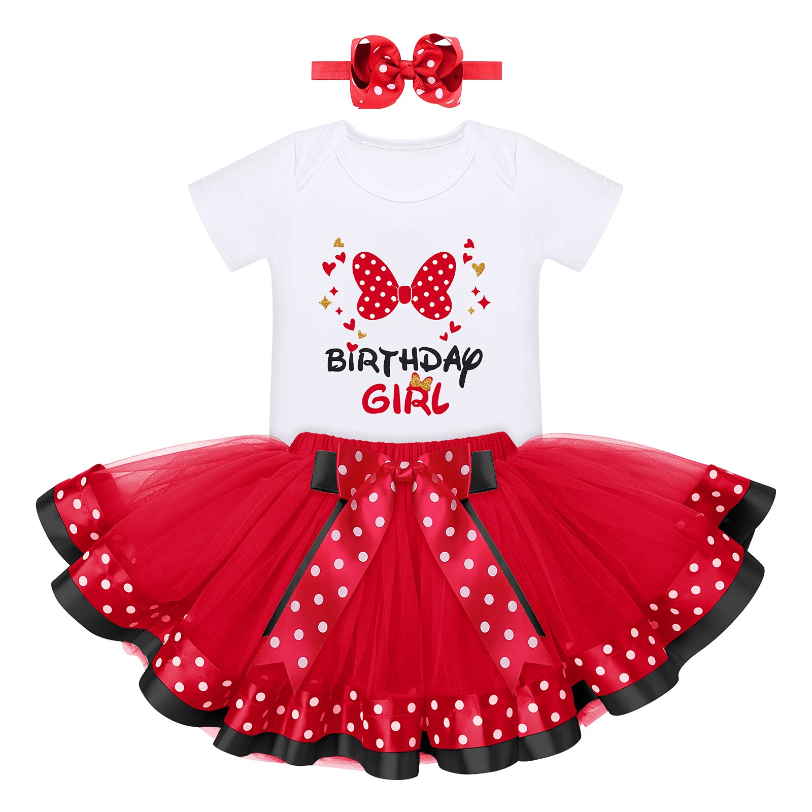 Photo 1 of [STAINED NEAR BOW] Newborn Toddler Baby Girls Half 1st 2nd Birthday Outfit Mouse Princess Dress Polka Dots Tutu Skirt ONE Cake Smash Halloween Fancy Funny Costume for Photo Shoot Red-Bow 1T