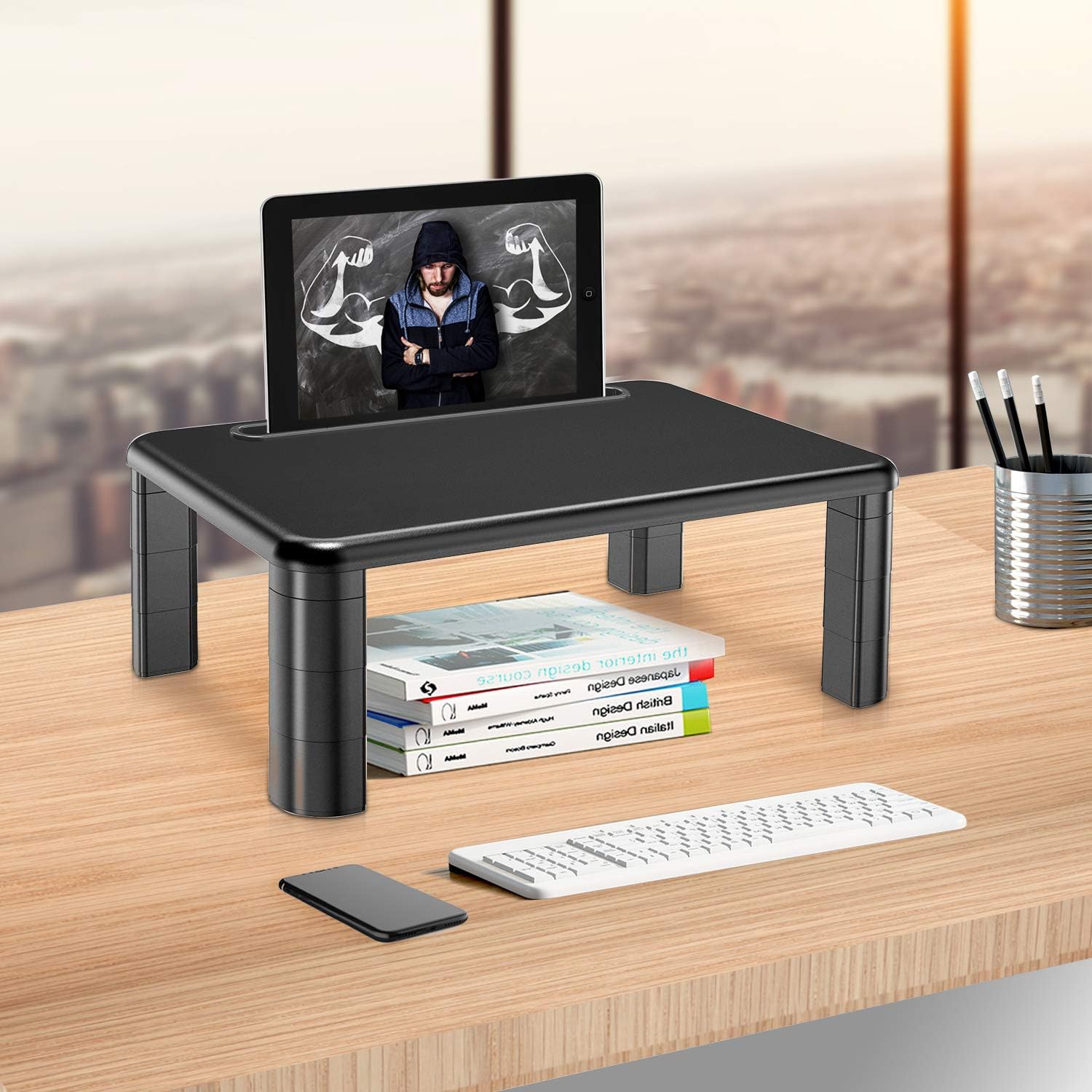 Monitor Stand Riser with Adjustable Height and Storage Organizer for Computer, Printer, Laptop, Desk with Tablet & Phone Holder, Cable Management Slot (Black, 1 Pack) : Office Products