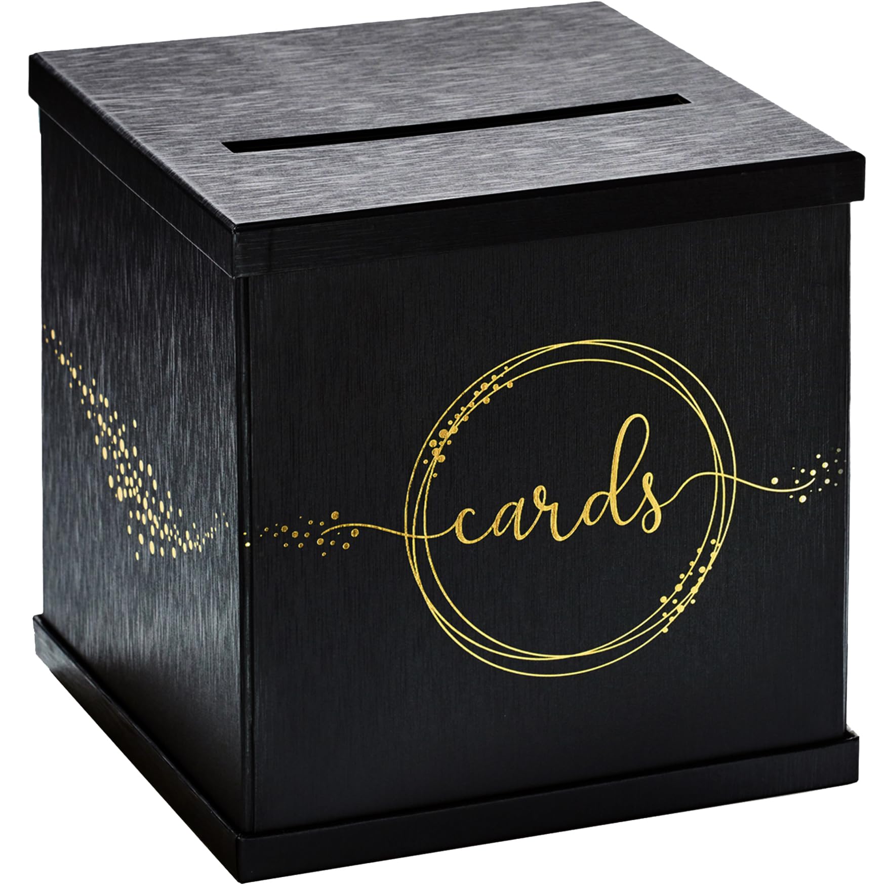 Photo 1 of Black & Gold Card Box, Large 10” Gift Card Holder for Wedding Reception, Graduation Party, Funeral Memorial, Birthday, Bridal & Baby Shower, Retirement, Donation Basket, Money, Envelope Box with Slot