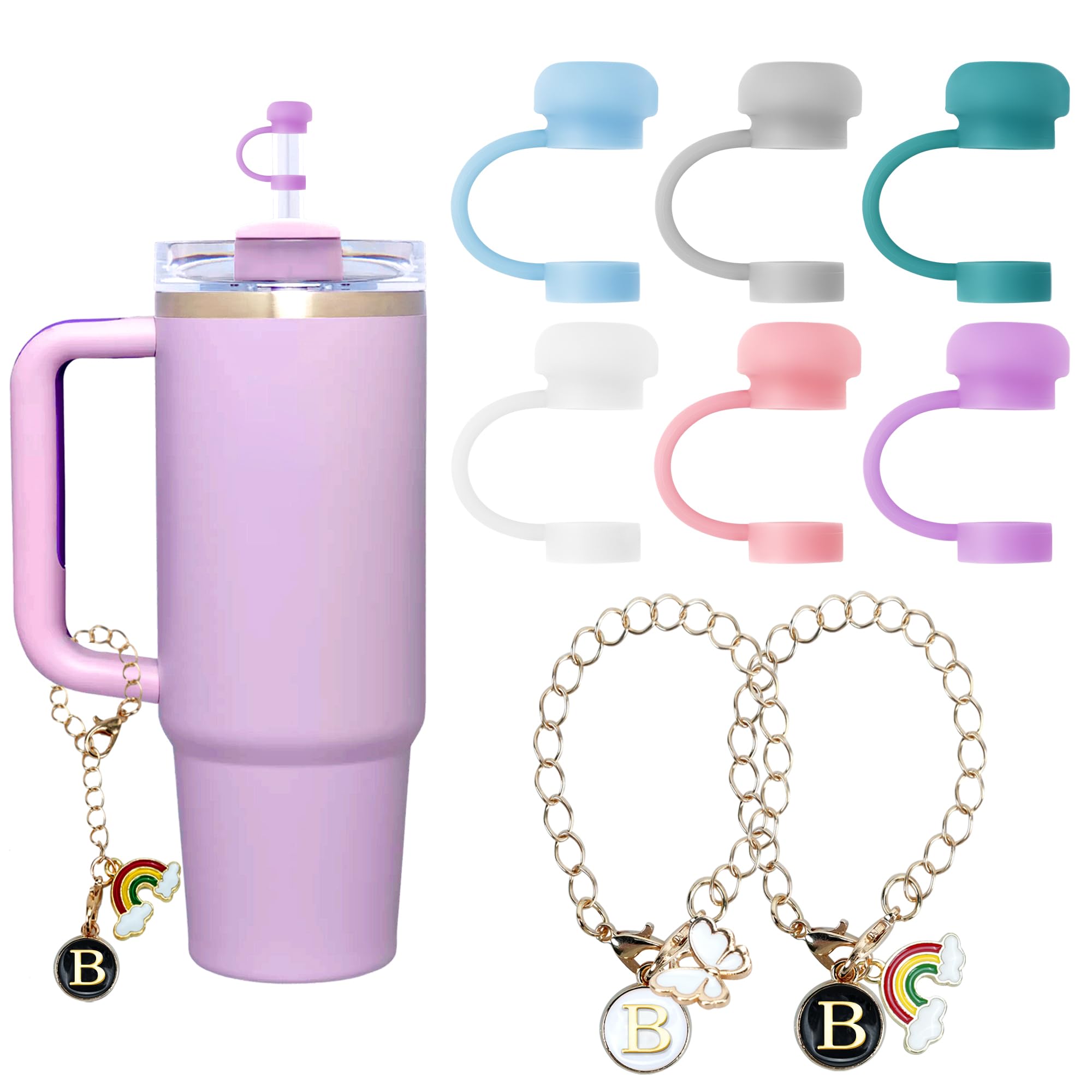 Oudizz 6 Silicone Straw Cover Caps Compatible with Stanley Cup 10mm Straw and 2 Letter Chain - Cup Accessories Set Cup Toppers(Letter B)
