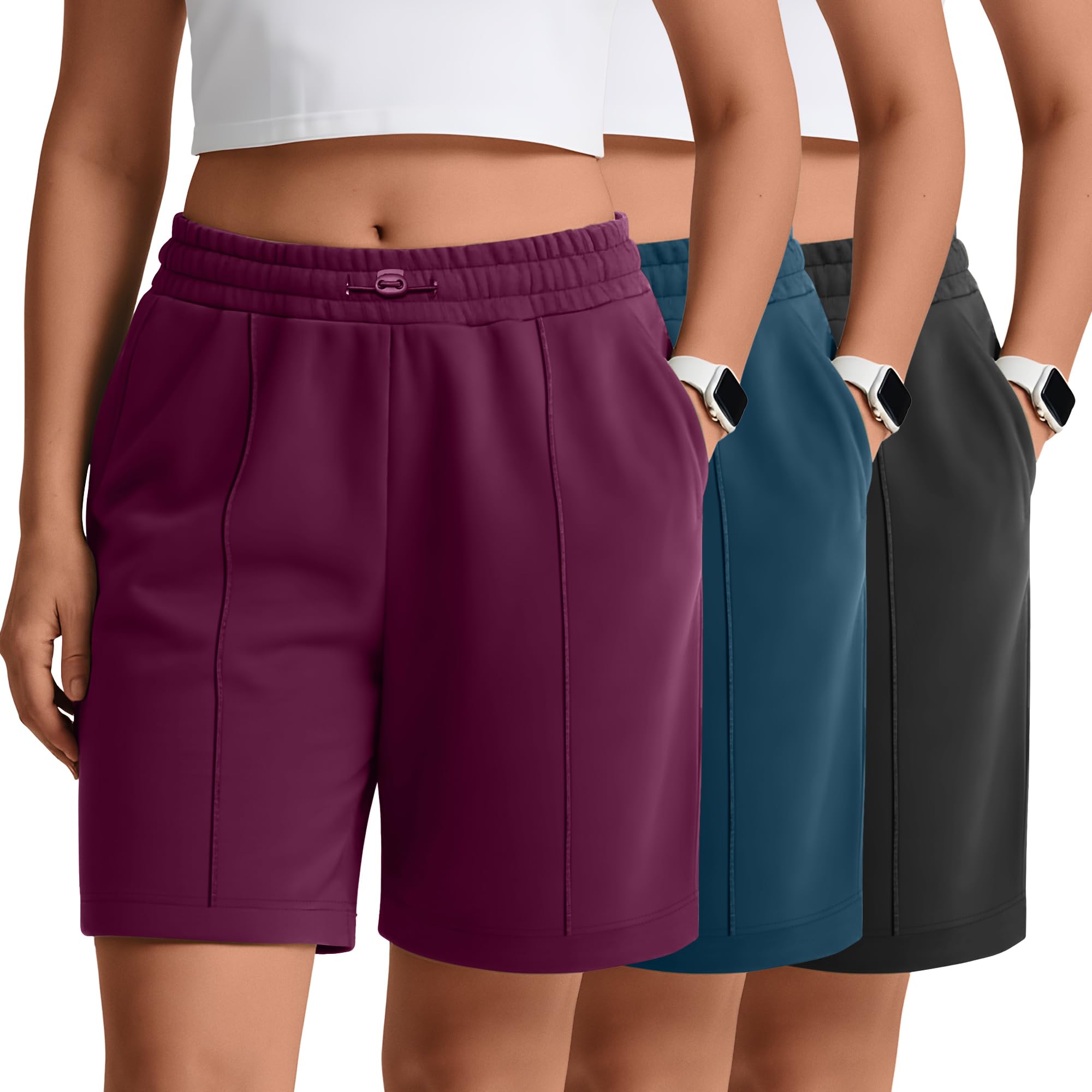 Photo 1 of Baggyfly 3 Pack Women's Plus Size Athletic Drawstring Shorts Bermuda Long Sweat Short High Waist Casual Pants with Pockets(Fuchsia, Navy Blue, Black,XX-Large)
