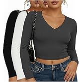 Simlakey 3 Pack Women Long Sleeve Shirts V Neck Basic Tops Stretchy Slim Fit Shirts Casual Crop Compression Going Out Tops