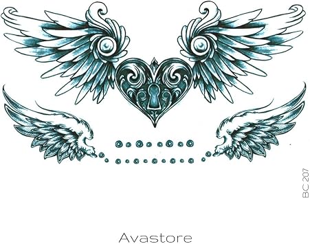 Tatouage Temporaire Femme Cœur Ailes Dange Bleu Tatouage