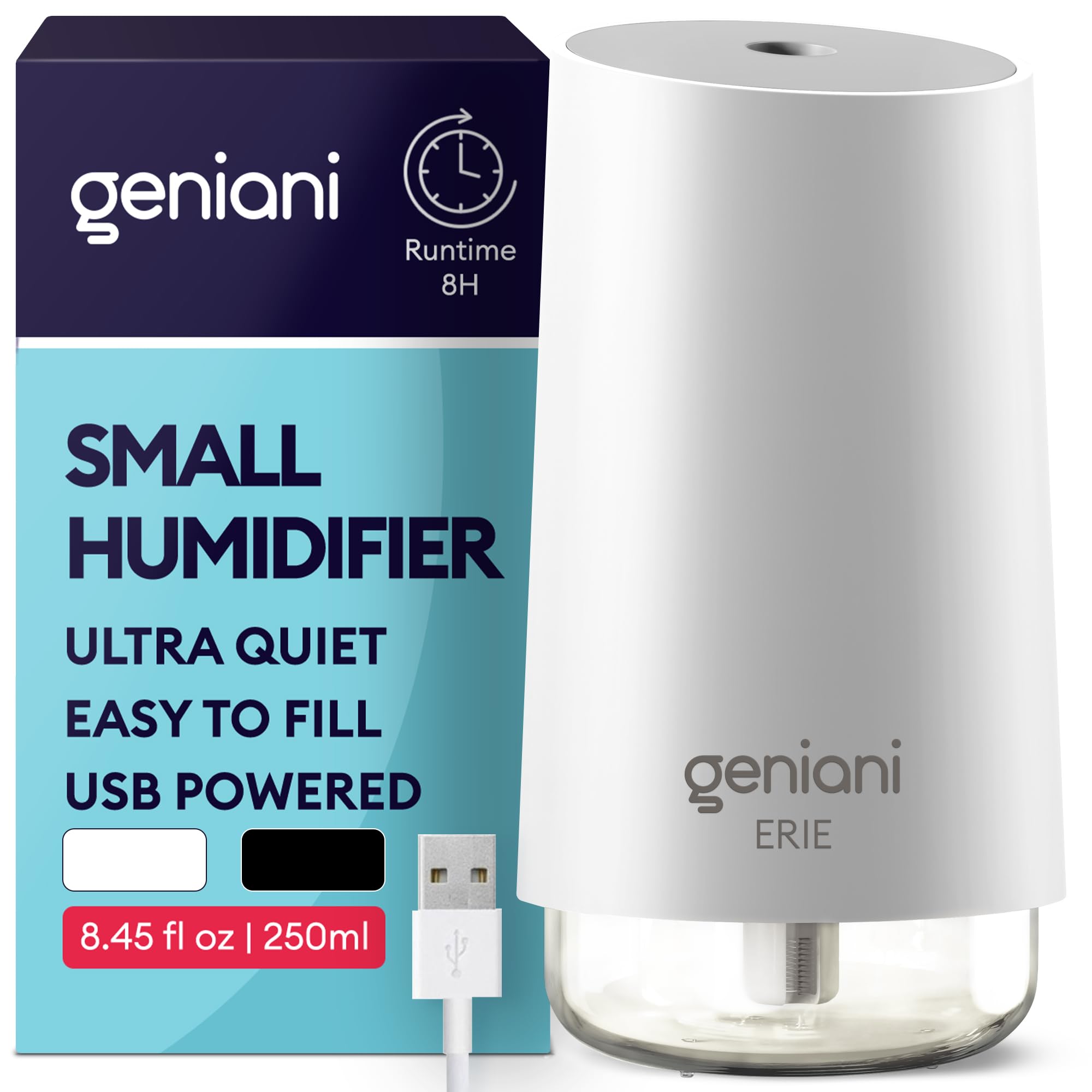 GENIANI Portable Small Cool Mist Humidifiers 250ML - USB Desktop Humidifier for Plants, Office, Car, Baby Room with Auto Shut Off & Night Light - Quiet Mini Humidifier (White)