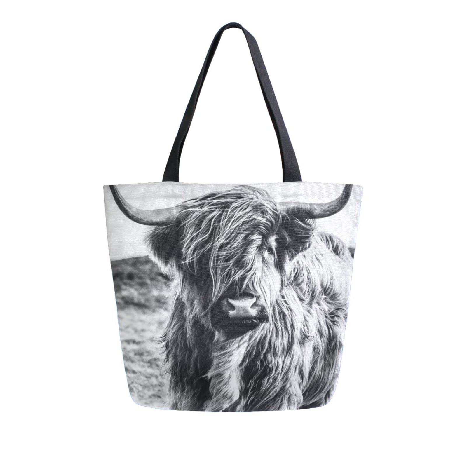 Mnsruu Black White Highland Cattle Cow Canvas Tote Bag Women Large Shoulder Bag Reusable Grocery Shopping Bag Handbag Girls Purse Gift