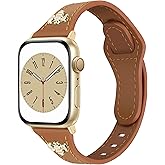 Newlibery Slim Leather Bands with Charms Women Compatible with Apple Watch Band 38mm 40mm 41mm 42mm (S11/10),Top Genuine Leather bees Strap Thin Wristband for iWatch Series SE 11/10/9/8/7/6/5/4/3/2/1