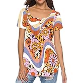 Poetesant Rose Tunic Tops for Women Blue Rose Short Sleeve Flare T-Shirts Rose Flowers V-Neck Button Up Pleated Top