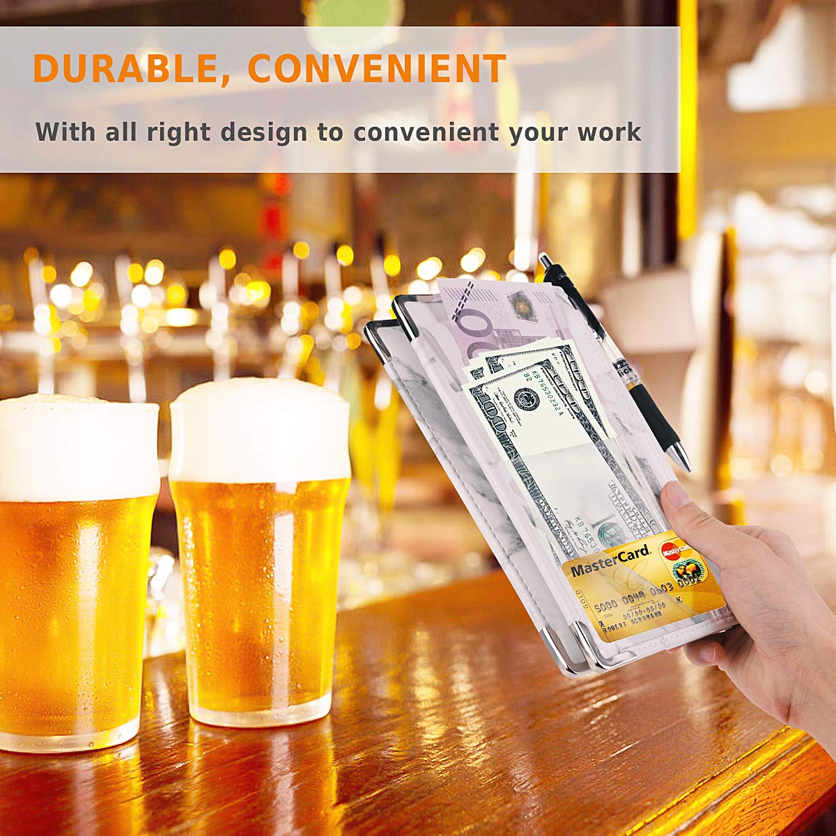 Marble Style Server Book - Nine Pockets - Zipper Pouch - Pen/Order Pad/Card Holder - Classy White - PU Leather Flaps - Signature Style - Deluxe Elegant