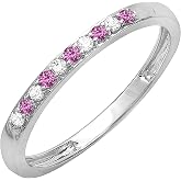 Dazzlingrock Alternate Stone Minimalistic Stackable Ring | Round Pink Sapphire &amp; White Diamond | Women | 10K Real Solid Gold