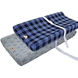 BlueSnail Lot de 2 housses de matelas à langer ultra douces et profilées en peluche pour bébé (carreaux bleu marine + jacquar