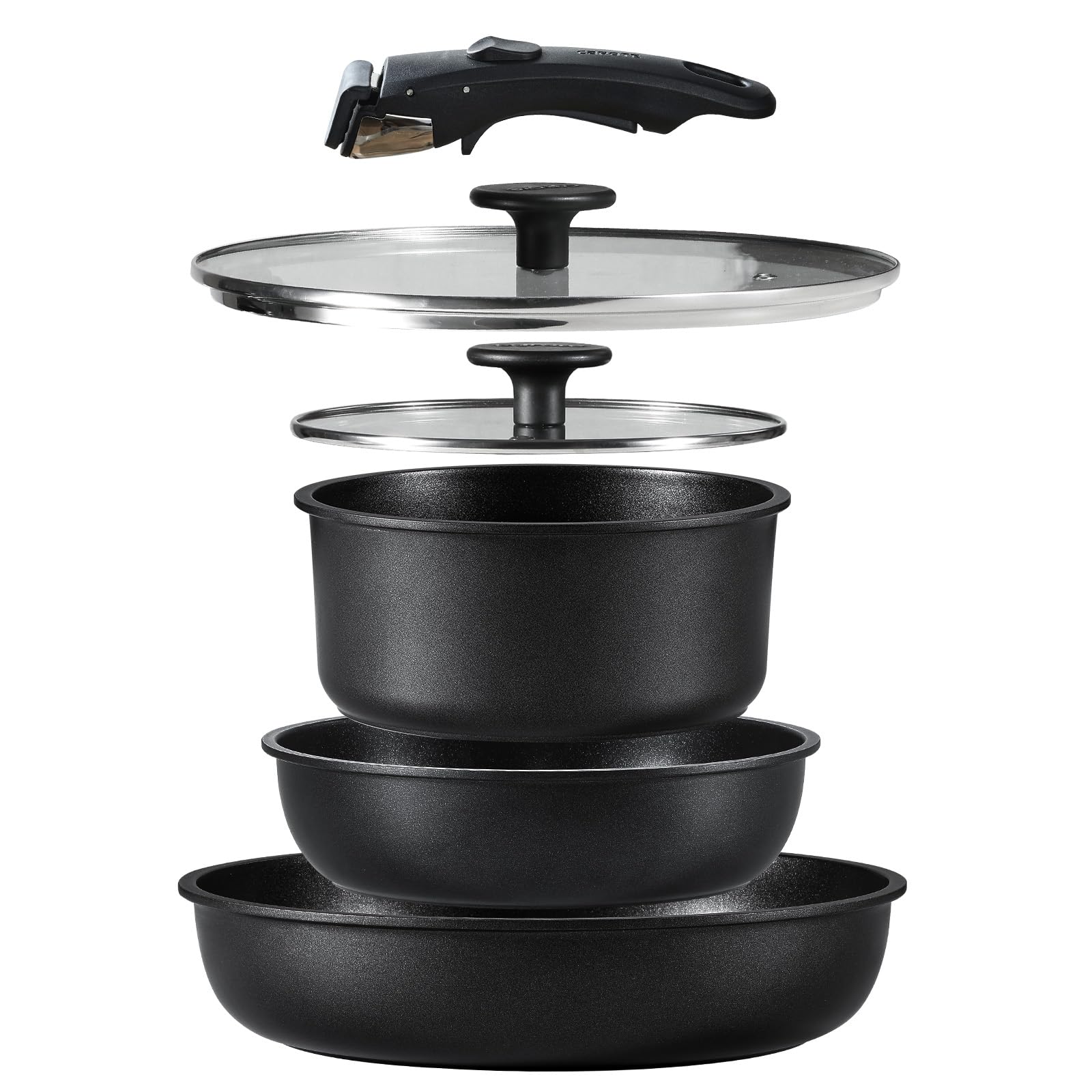 CAROTE カローテ フライパン 鍋 セット IH&ガス火対応 6点 PFOAなどの有害物質不使用 プロ仕様 5層構造 チタンコート 軽量 取っ手のとれる 洗練されデザイン コンパクト収納 1人暮らしセット 新生活セット 取っ手のとれる こびりつかずに お手入れ簡単 黒 ブラック