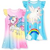 WonderBabe 2Pcs Girls Nightgowns Unicorn Pajamas Toddler Nightgown Sleepwear Flutter Short Sleeves Night Gowns for Kids