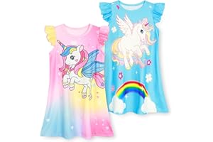 WonderBabe 2Pcs Girls Nightgowns Unicorn Pajamas Toddler Nightgown Sleepwear Flutter Short Sleeves Night Gowns for Kids