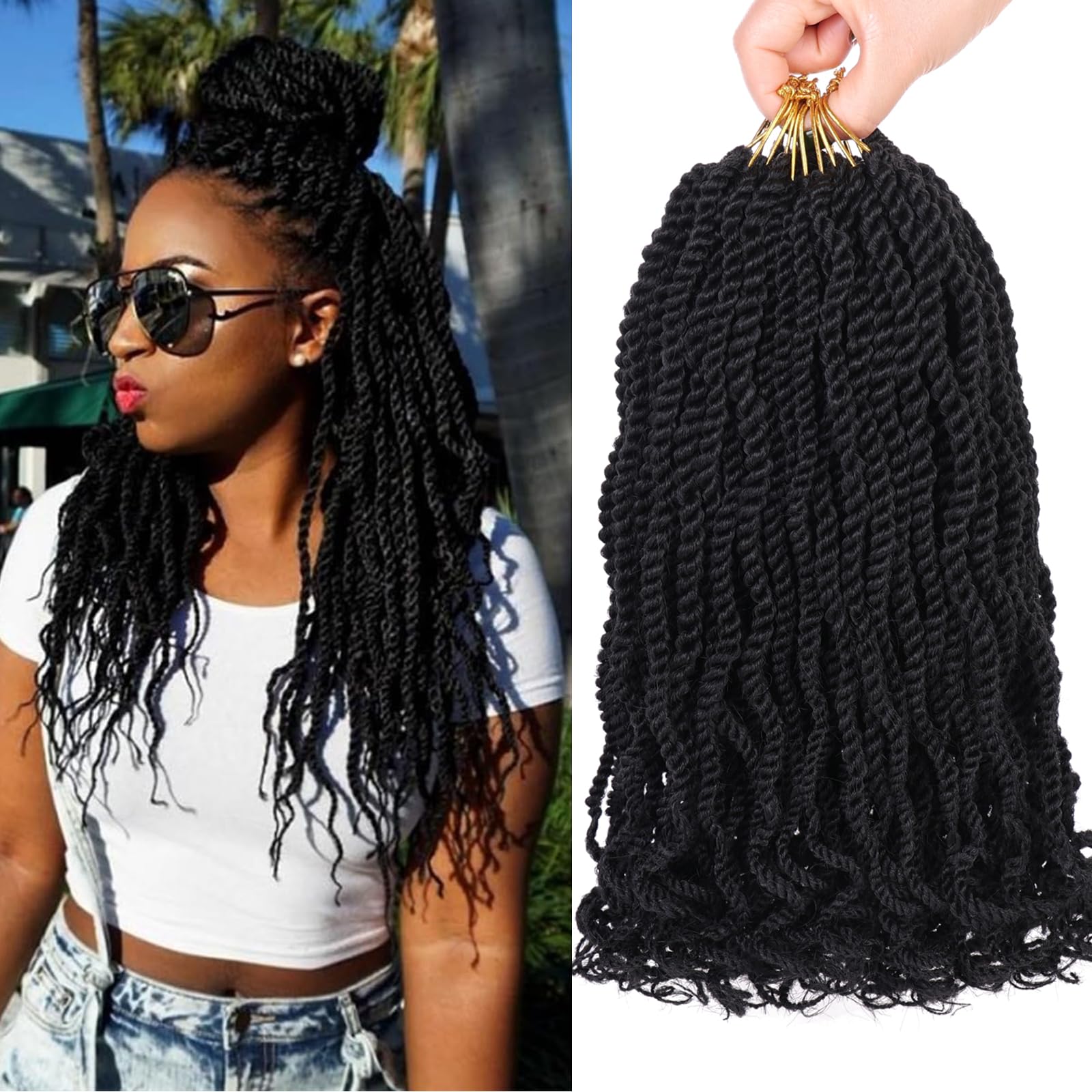 Mscat 14 Inch Wavy Senegalese Twist Crochet Hair 8 Pack Synthetic Short Pre Looped Kids Crochet Braids with Curly Ends Pre Twisted Small Havana Twist Braiding Hair for Black Women 1B# — image 1