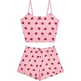 Hilinker Womens Graphic 2 Piece Pajama Set Summer Cute Crop Cami and Shorts Ribbed Lounge Sets