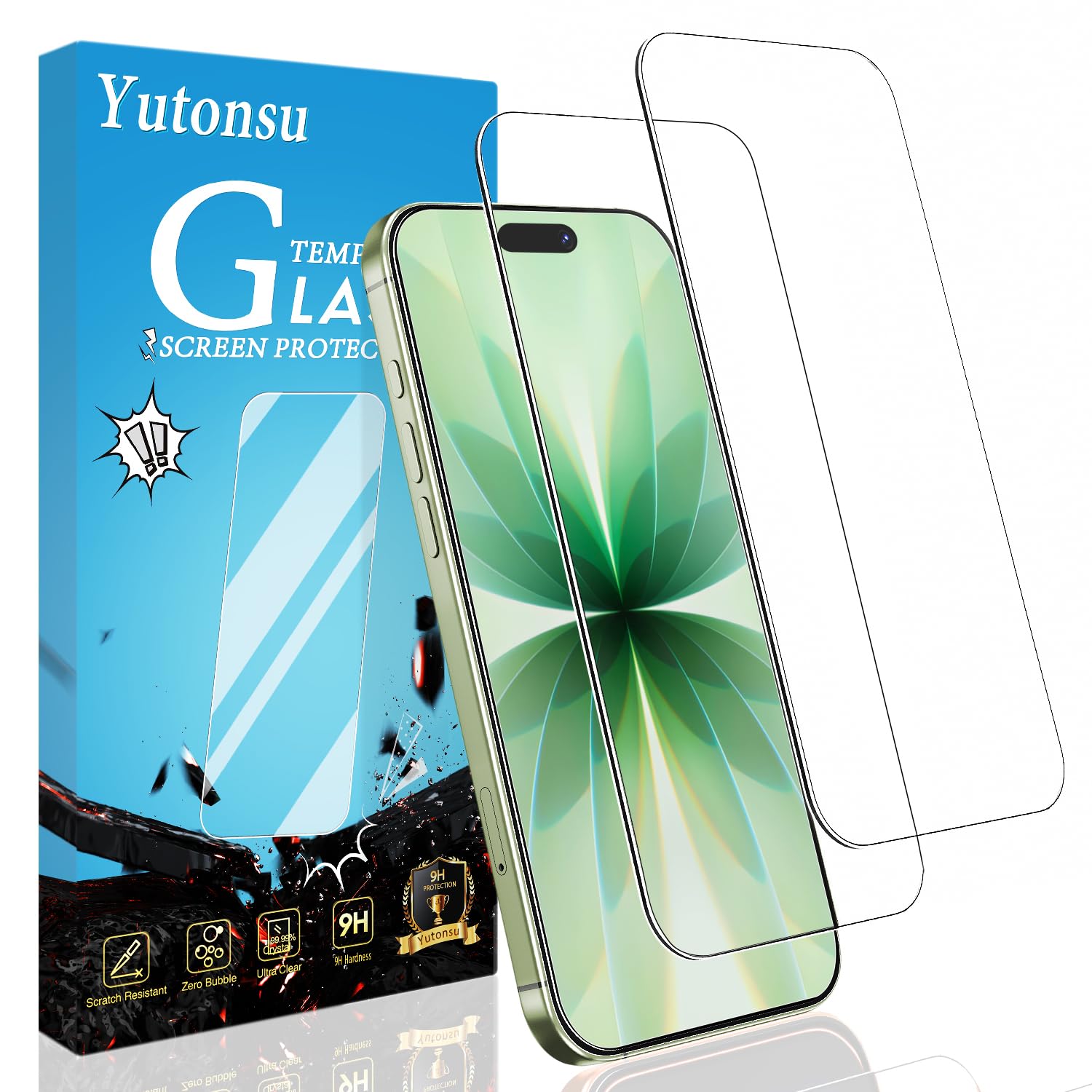 Yutonsu 2 Pack Tempered Glass Screen Protector for iPhone 17 (6.3 Inch), 9H Hardness, Anti Scratch, Bubble Free, Case Friendly