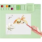 Aubeco Silicone Craft Mat with Cleaning Cup and Paint Holder, 19.9"x16.9" Art Mat, Nonslip Silicone mat for Painting, Table, Resin and Play, Green