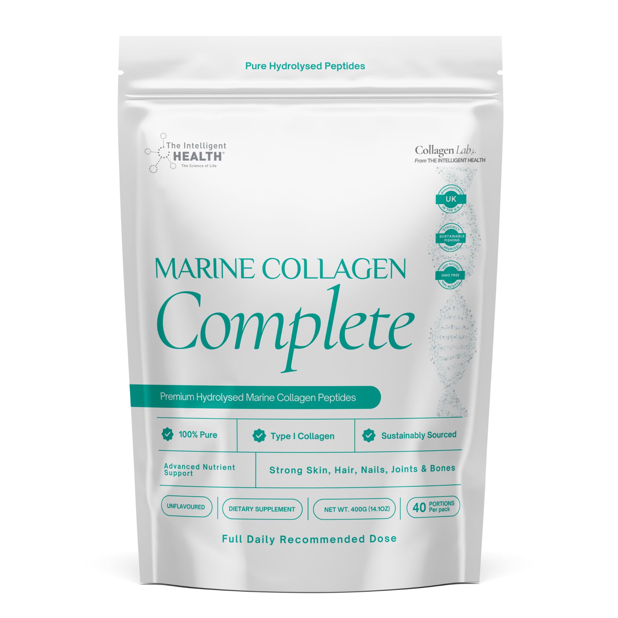 The Intelligent Health Hydrolysed Marine Collagen Powder | Joint Support, Skin & Hair Health & Anti Aging Peptides Supplement | Paleo & Keto Friendly, Gluten Free | Made in The UK (400g - Unflavoured)
