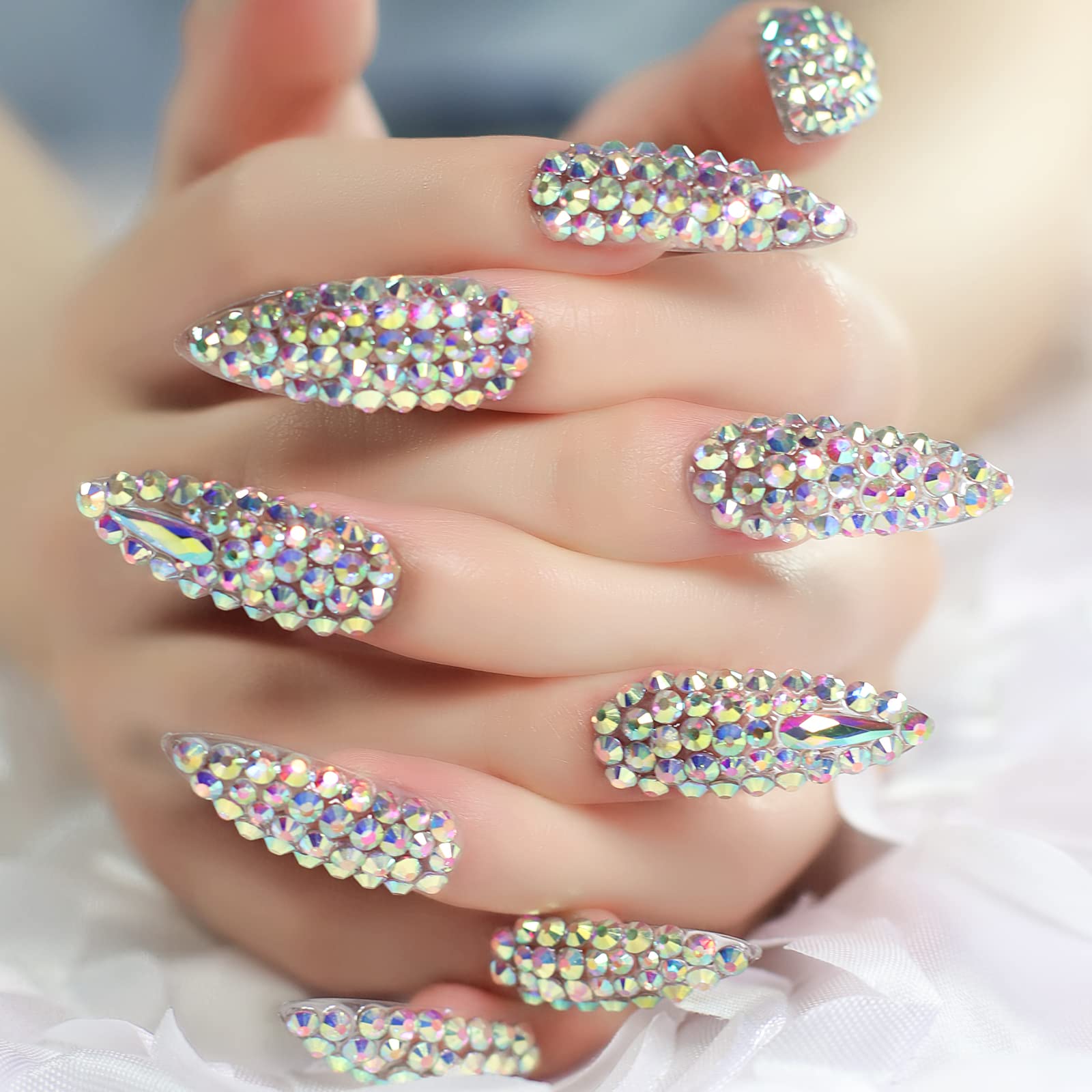 Elevenail Handmade Press on Nails Full Cover Luxurious 3D Crystal False Nails Super Extra Long Stiletto Diamonds Art Decoration Fake Nails Manicure Kit Nail Art Tips Gift for Women Girls Wedding Party - Image 5