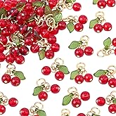 SUNNYCLUE 1 Box 50Pcs Cherry Glass Charms Red Fruit Charms Acrylic Small Mini Food Beaded Dangle Gold Stainless Steel Rings Pendants Findings for Jewelry Making Necklaces Earrings DIY Crafts Decor