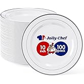 JOLLY CHEF 100 Pieces Silver Plastic Plates, 10 Inch Disposable Plates White Plate with Silver Rim, Heavy Duty Plastic Plates for Christmas, Birthdays and Weddings