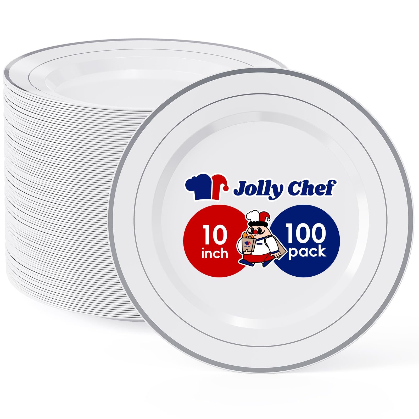 Photo 1 of JOLLY CHEF 100 Pieces Silver Plastic Plates, 10 Inch Disposable Plates White Plate with Silver Rim, Heavy Duty Plastic Plates for Dinner, Birthdays and Weddings