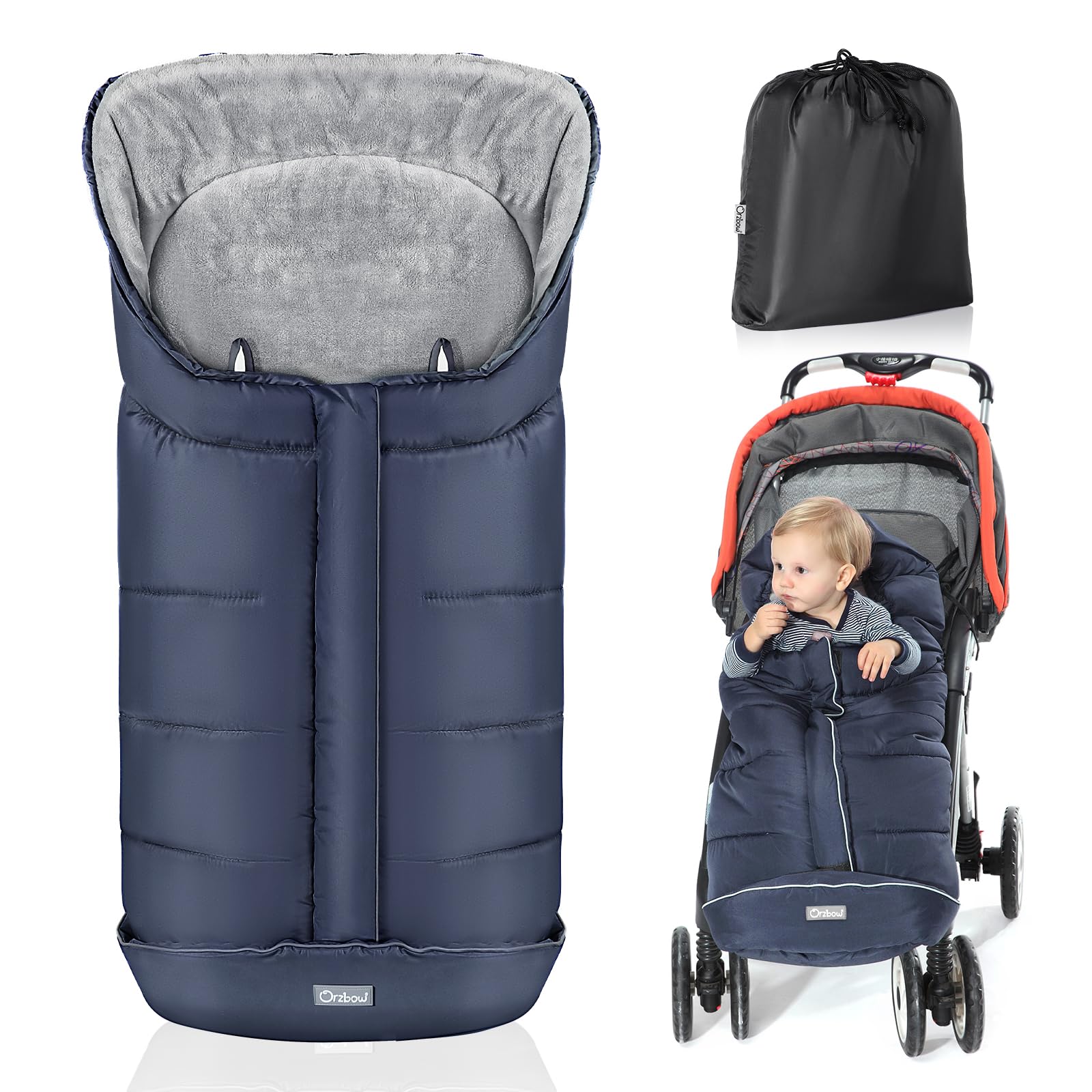 Orzbow Footmuff for Pushchair Universal, Large Pushchair & Pram Footmuffs with Drawstring, Waterproof Cosy Toes for Buggy with Warm Fleece, Anti-Slip Back, Reflective Strip, Easy Access, Blue