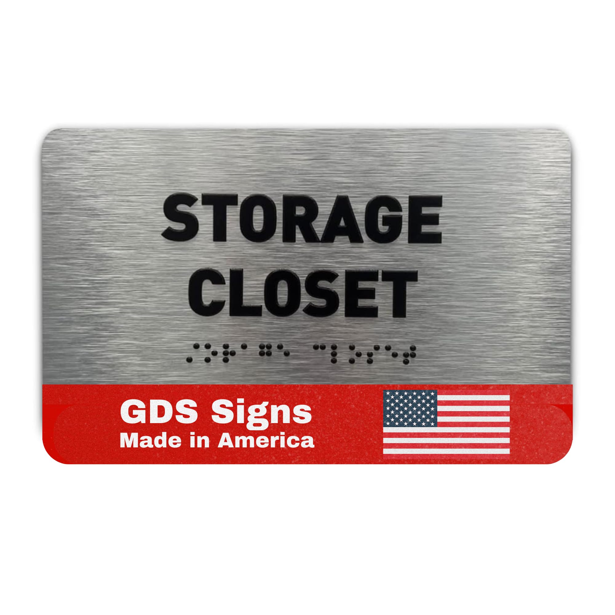Photo 1 of Storage Closet Sign by GDS - ADA Compliant, Raised Icons & Grade 2 Braille - With Adhesive Strips for Easy Installation - Signs for Offices, Businesses - 7" W x 4" H (Brushed Aluminum) - Made in USA