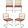 Zesthouse Natural Rattan Dining Chairs Set of 4, Modern Dining Room Chairs with Solid Wood Back for Kitchen Living Room, Mid Century Breuer Design Inspired, Upholstered Faux Leather Brown