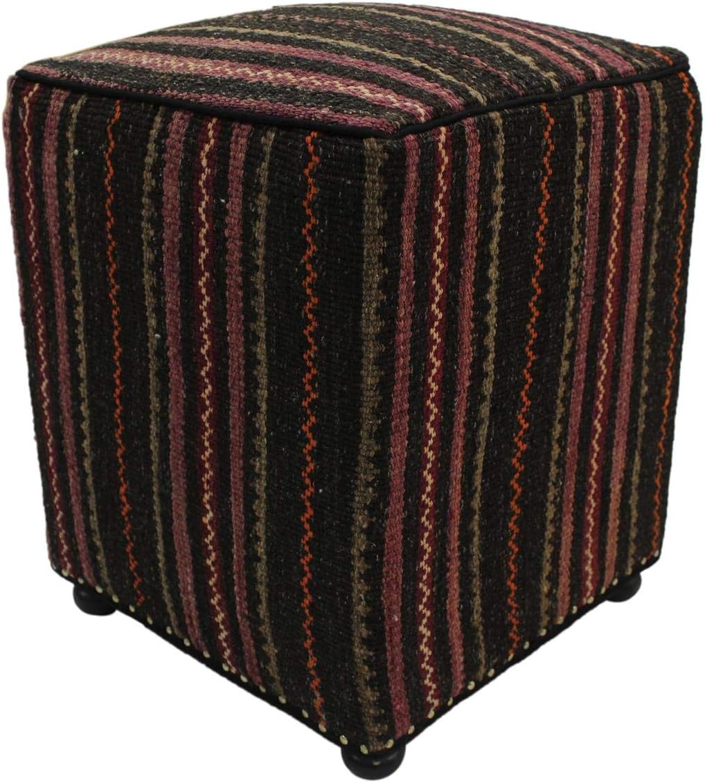 Arshs Fine Rugs Horvath Brown/Purple Handmade Kilim Upholstered Ottoman 16"x16"x20"