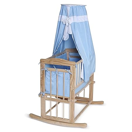 dibea BB00430, Babybett, klassiches Himmelbett (80x40 cm) mit Kufen & Rollen, Set mit Bettdecke/Kopfkissen & Himmel (blau)