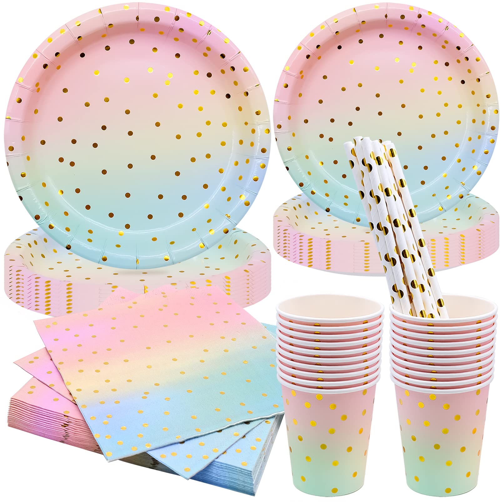 BLLREMIPSUR Rainbow Party Tableware Set, Disposable Party Dinnerware Supplies Paper Plates Cups Napkins Straws for Birthday Party, Baby Shower, Wedding, Bridal Shower, Anniversaries