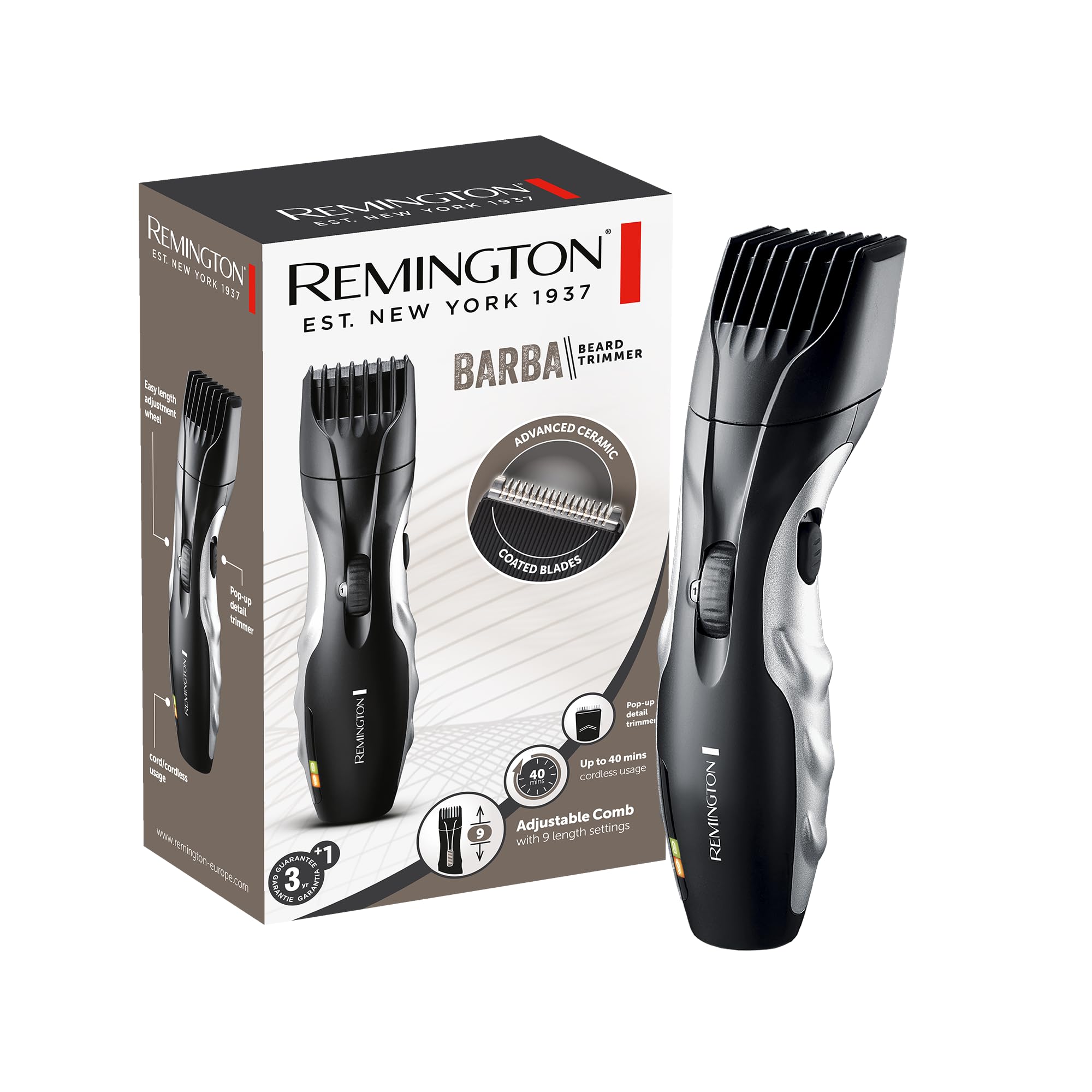 Remington Barttrimmer Herren [selbstschärf. Keramik Klingen/0,4-18mm] Bartschneider Set (Einstellrad mit 9 Längeneinstellungen ab 1,5mm, Netz-/Akkubetrieb, LED Ladeanzeige, Langhaarschneider) MB320C