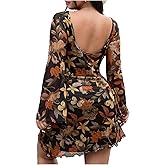 BEAUDRM Women's Plus Size Boho Floral Print Short Dress Long Sleeve Wedding Guset Dresses Mesh Sheer Party Club Dresses