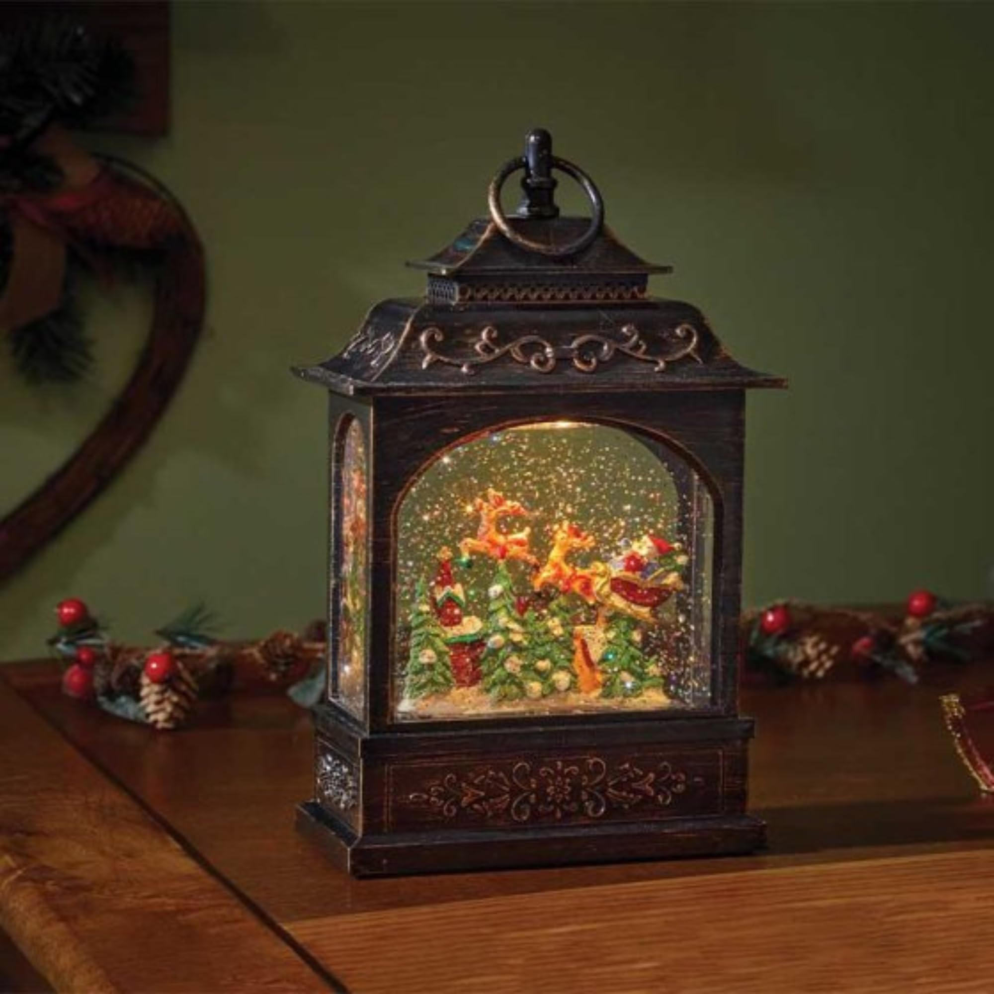 Christmas Metal LED Water Spinner Glitter Snow Globe Lantern Santa Sleigh and Reindeer 29cm Tall