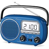 Audiocrazy Portable AM FM Rechargeable Radio with Best Reception, Digital Time/Station Display,AC Power or Battery Power Radio with Bluetooth Speaker for Home/Kitchen/Outdoor (Cobalt Blue)