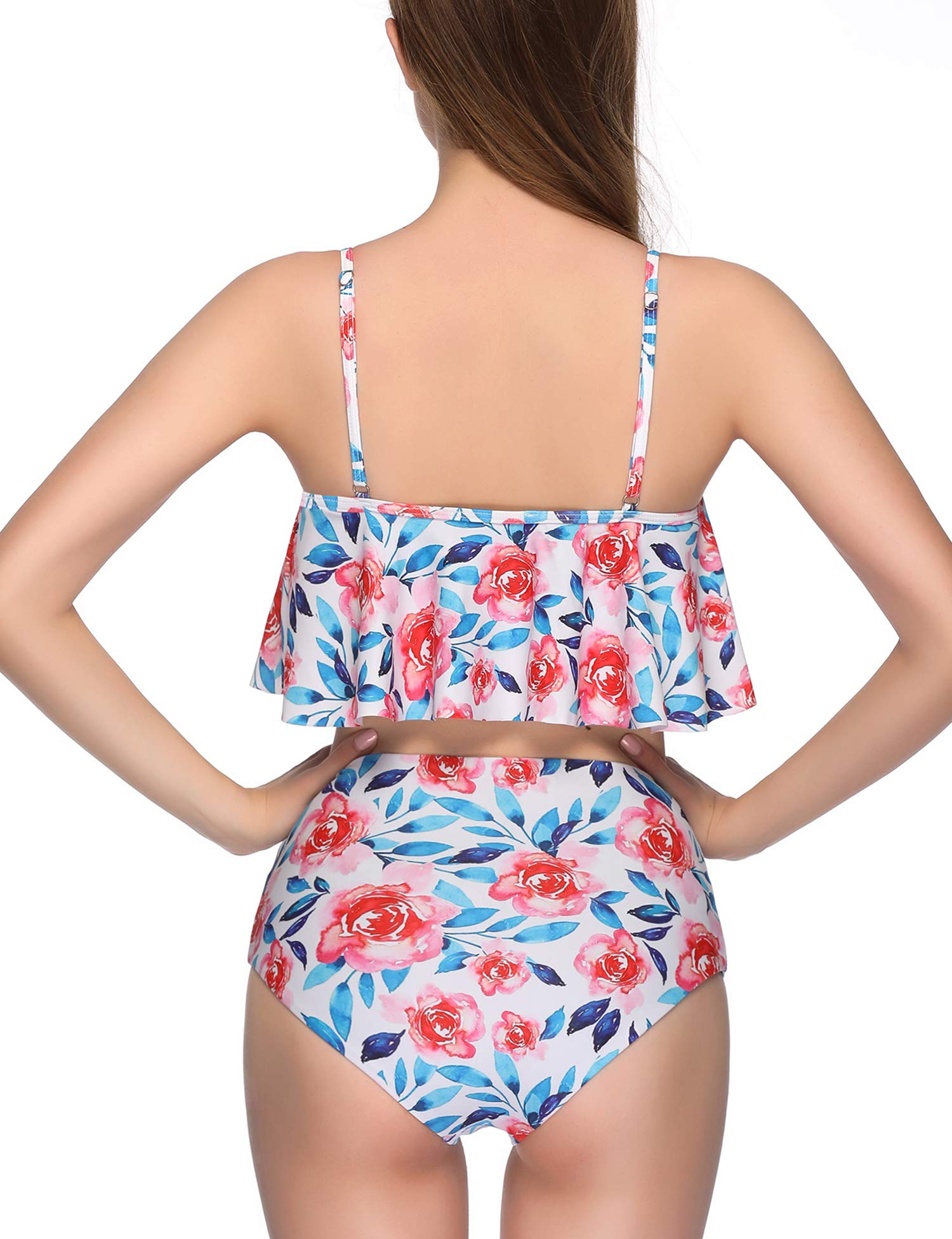 Verano Playa Swimsuits Women Floral Print Tiered Top High Waisted Bottom Two Piece Bikini Set Bathing Suit
