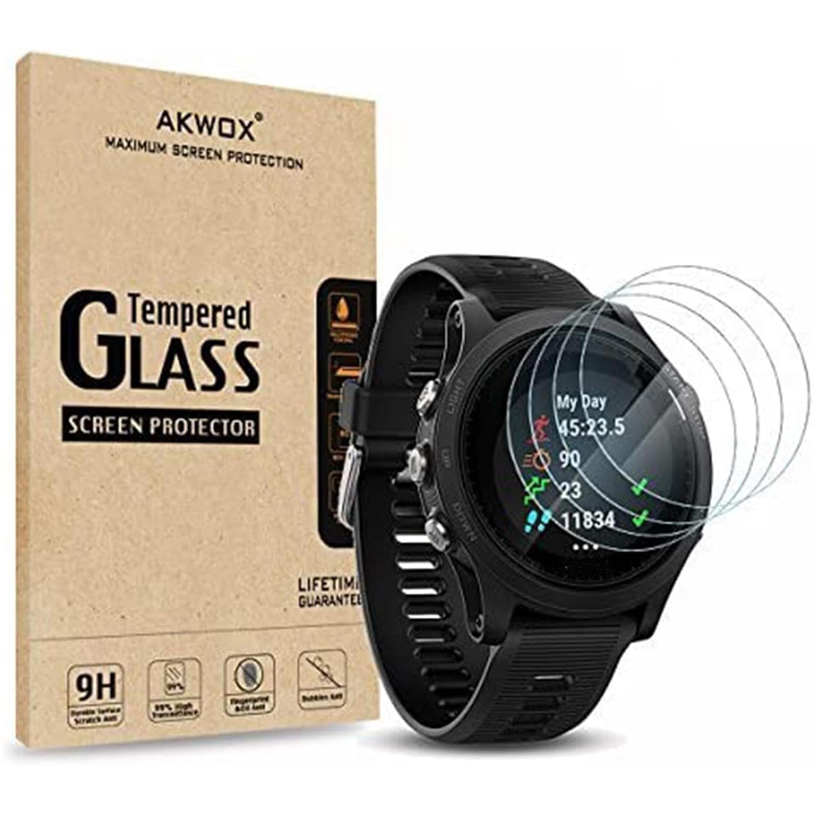 AKWOX (Pack of 4) Tempered Glass Screen Protector for Garmin Forerunner 935, [0.3mm 2.5D High Definition 9H] Premium Clear Screen Protector for Garmin Forerunner 935